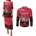 Custom Bombers Football Couples Matching Puletasi and Long Sleeve Button Shirt ANZAC Lest We Forget
