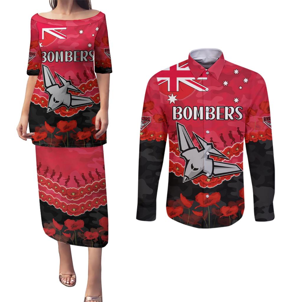 Custom Bombers Football Couples Matching Puletasi and Long Sleeve Button Shirt ANZAC Lest We Forget
