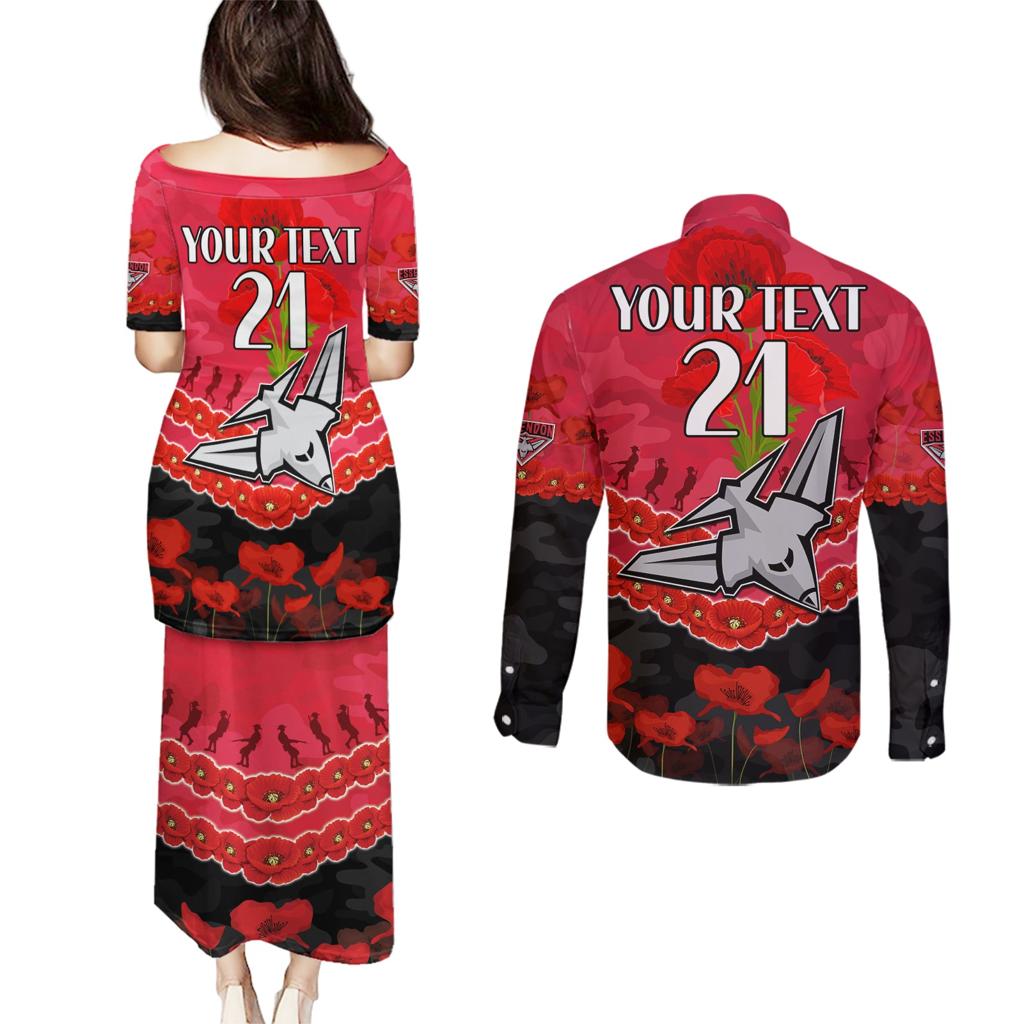 Custom Bombers Football Couples Matching Puletasi and Long Sleeve Button Shirt ANZAC Lest We Forget