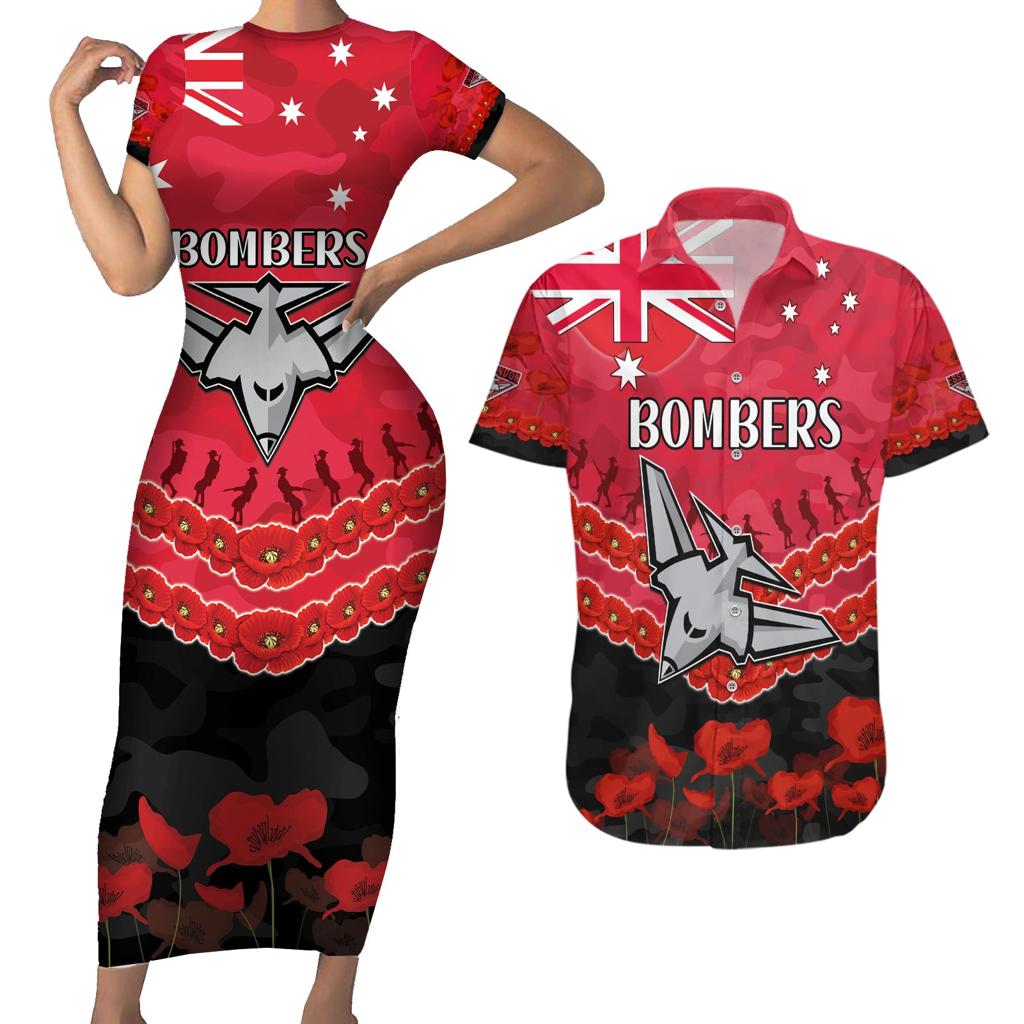 Custom Bombers Football Couples Matching Short Sleeve Bodycon Dress and Hawaiian Shirt ANZAC Lest We Forget