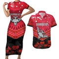 Custom Bombers Football Couples Matching Short Sleeve Bodycon Dress and Hawaiian Shirt ANZAC Lest We Forget