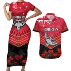 Custom Bombers Football Couples Matching Short Sleeve Bodycon Dress and Hawaiian Shirt ANZAC Lest We Forget