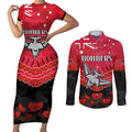 Custom Bombers Football Couples Matching Short Sleeve Bodycon Dress and Long Sleeve Button Shirt ANZAC Lest We Forget