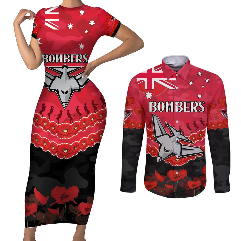 Custom Bombers Football Couples Matching Short Sleeve Bodycon Dress and Long Sleeve Button Shirt ANZAC Lest We Forget