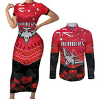 Custom Bombers Football Couples Matching Short Sleeve Bodycon Dress and Long Sleeve Button Shirt ANZAC Lest We Forget