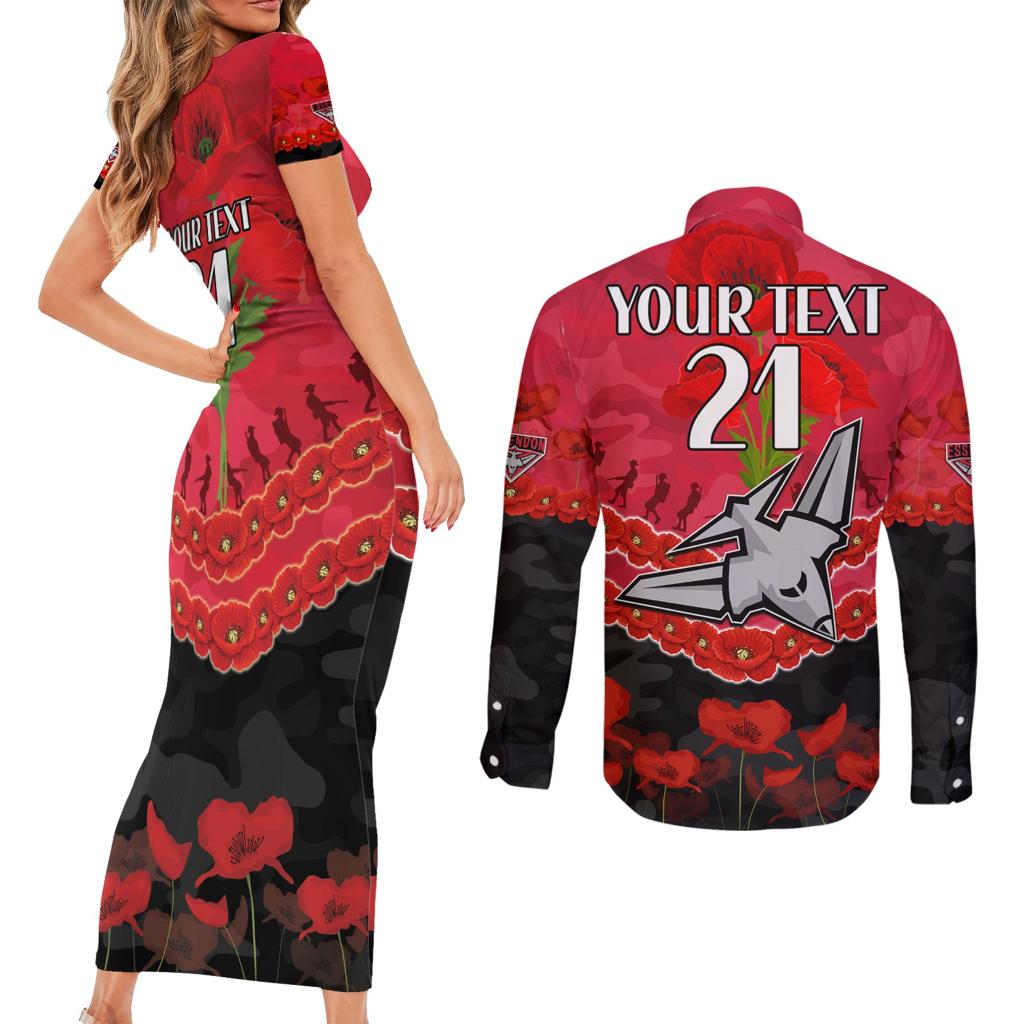 Custom Bombers Football Couples Matching Short Sleeve Bodycon Dress and Long Sleeve Button Shirt ANZAC Lest We Forget