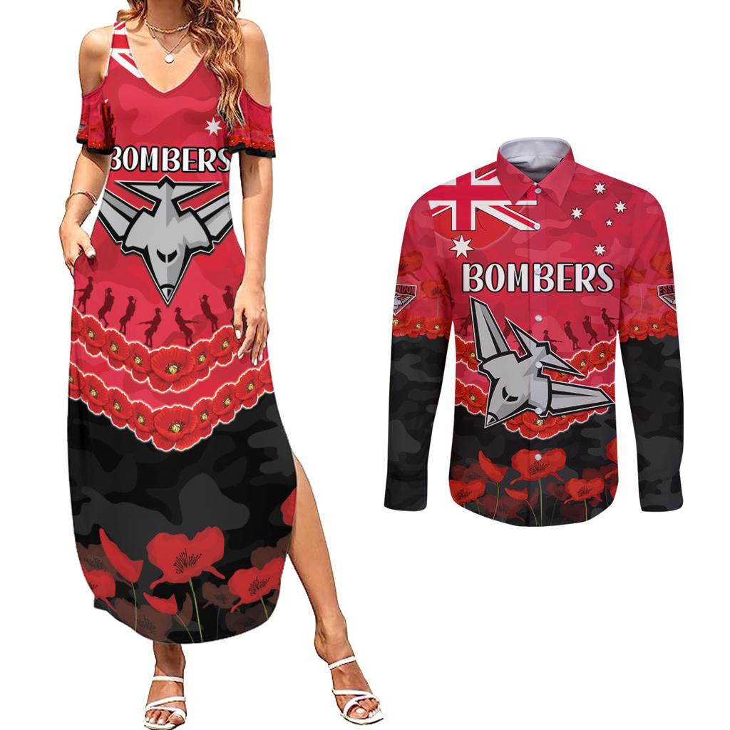 Custom Bombers Football Couples Matching Summer Maxi Dress and Long Sleeve Button Shirt ANZAC Lest We Forget