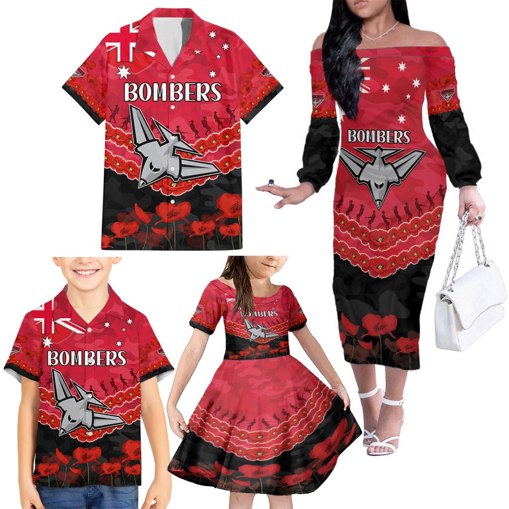 Custom Bombers Football Family Matching Off The Shoulder Long Sleeve Dress and Hawaiian Shirt ANZAC Lest We Forget