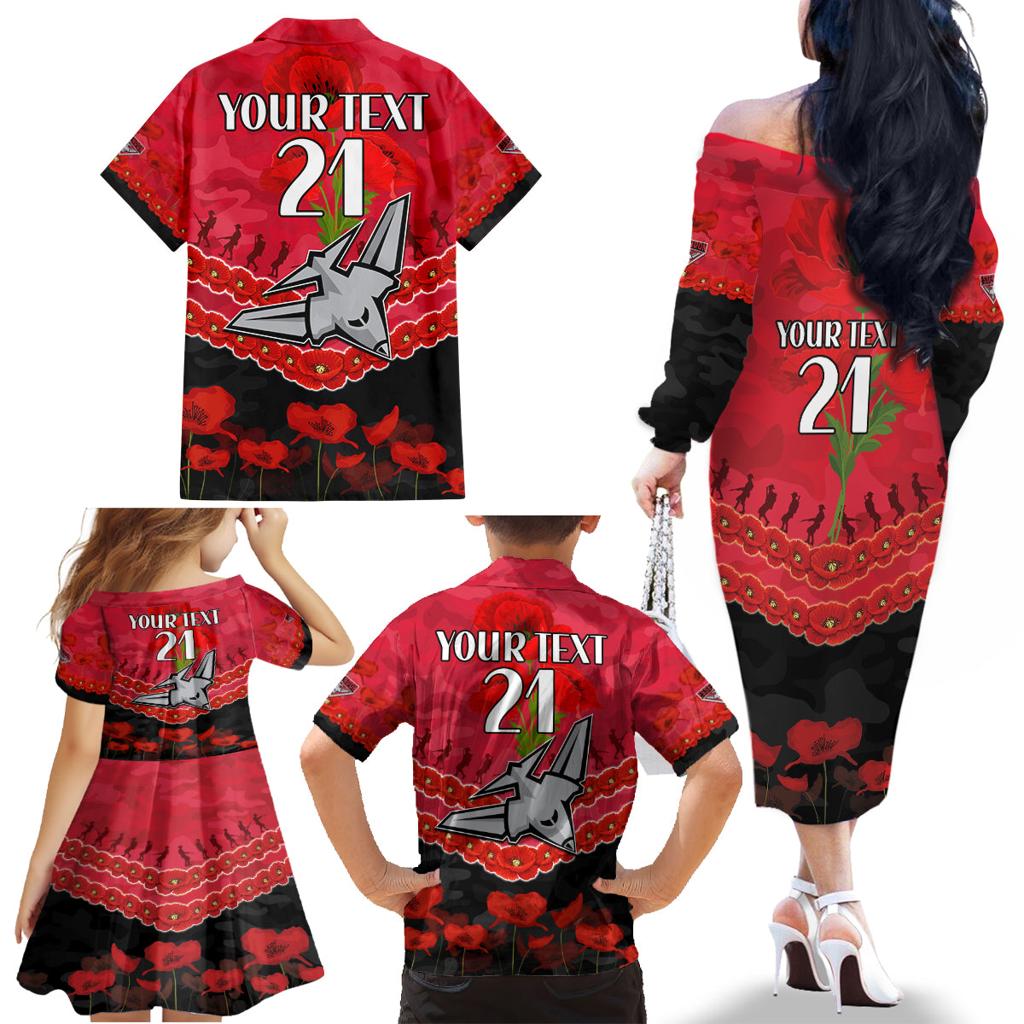 Custom Bombers Football Family Matching Off The Shoulder Long Sleeve Dress and Hawaiian Shirt ANZAC Lest We Forget