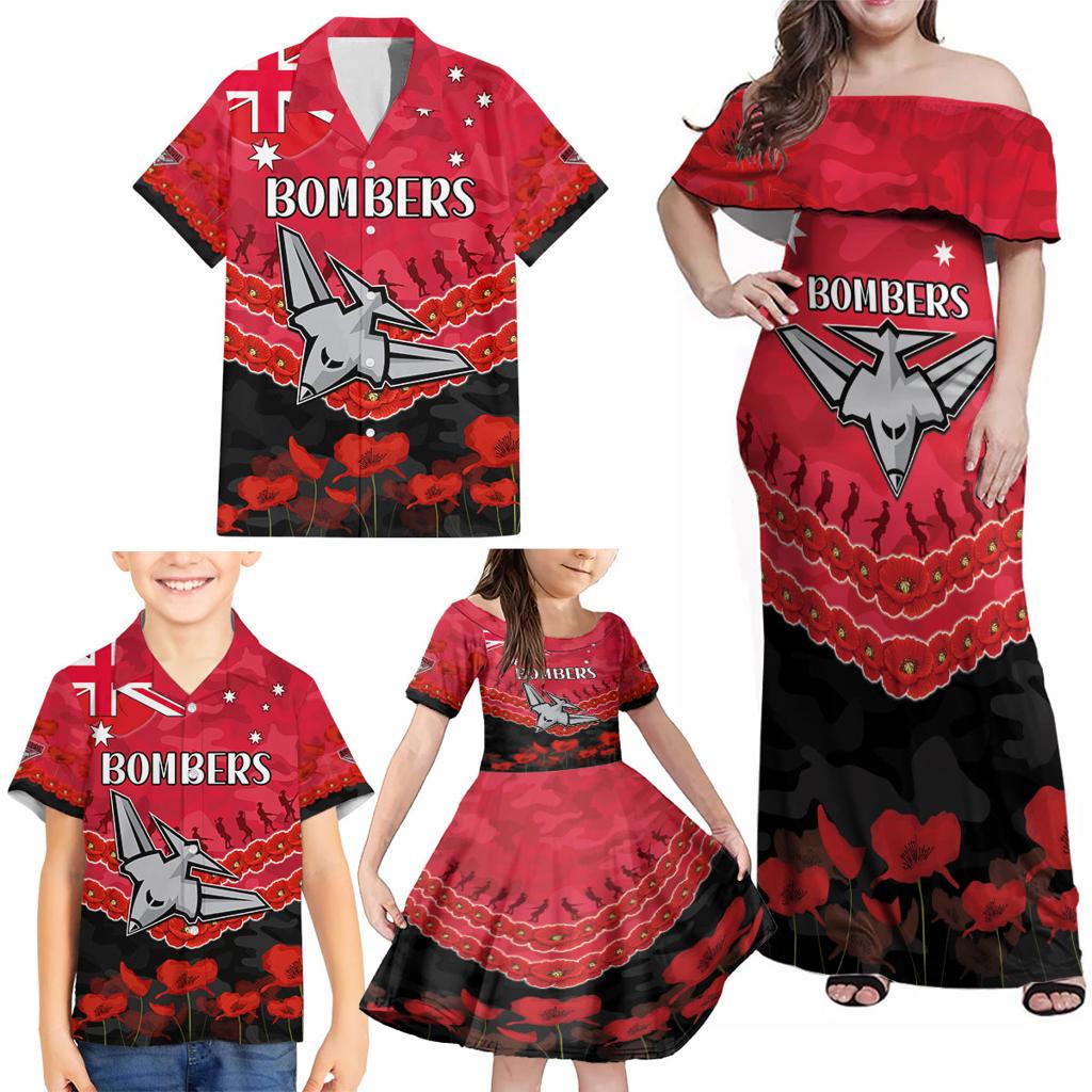 Custom Bombers Football Family Matching Off Shoulder Maxi Dress and Hawaiian Shirt ANZAC Lest We Forget