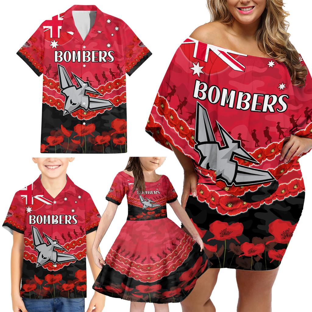 Custom Bombers Football Family Matching Off Shoulder Short Dress and Hawaiian Shirt ANZAC Lest We Forget