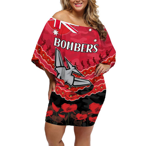 Custom Bombers Football Family Matching Off Shoulder Short Dress and Hawaiian Shirt ANZAC Lest We Forget