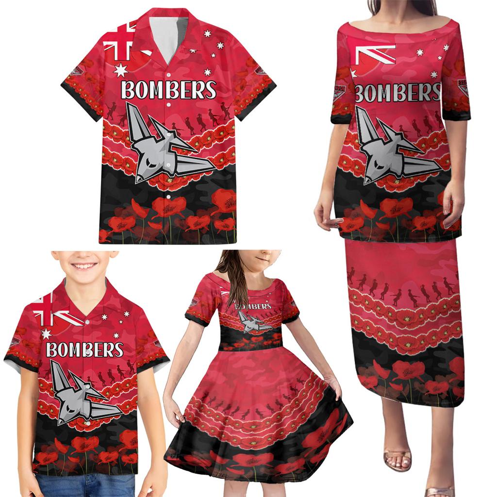 Custom Bombers Football Family Matching Puletasi and Hawaiian Shirt ANZAC Lest We Forget