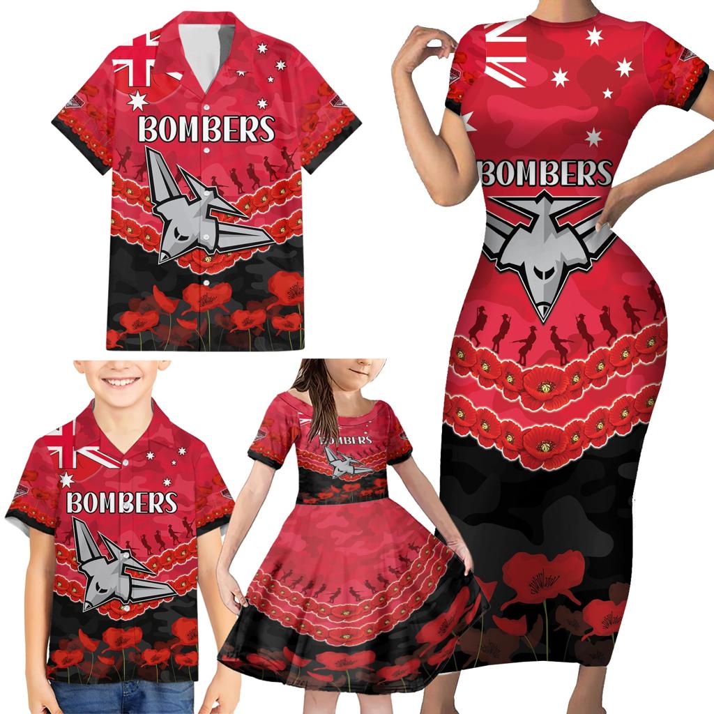 Custom Bombers Football Family Matching Short Sleeve Bodycon Dress and Hawaiian Shirt ANZAC Lest We Forget