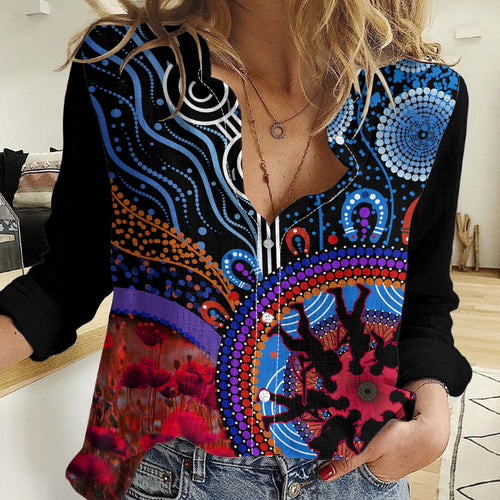 Cowboys Rugby ANZAC Women Casual Shirt Aboriginal Military and Poppy Flowers LT9