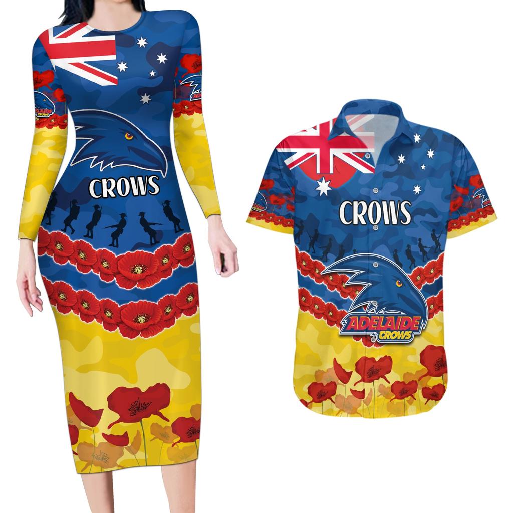 Custom Adelaide Crows Football Couples Matching Long Sleeve Bodycon Dress and Hawaiian Shirt ANZAC Lest We Forget