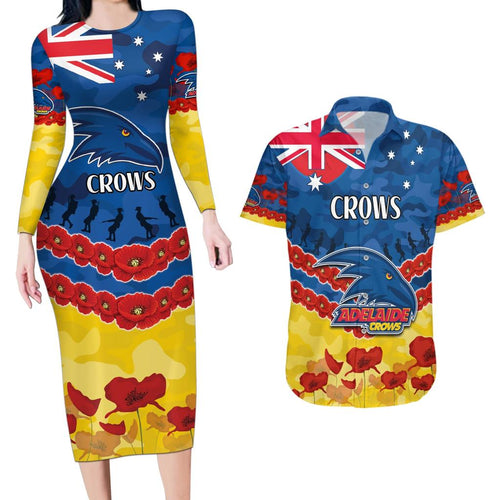 Custom Adelaide Crows Football Couples Matching Long Sleeve Bodycon Dress and Hawaiian Shirt ANZAC Lest We Forget