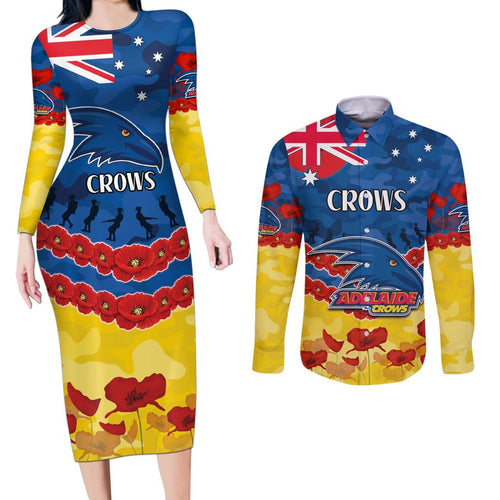 Custom Adelaide Crows Football Couples Matching Long Sleeve Bodycon Dress and Long Sleeve Button Shirt ANZAC Lest We Forget