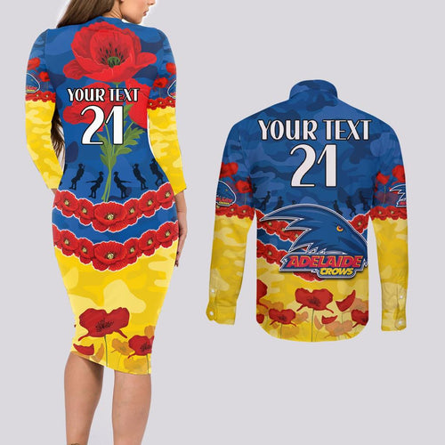 Custom Adelaide Crows Football Couples Matching Long Sleeve Bodycon Dress and Long Sleeve Button Shirt ANZAC Lest We Forget