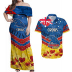 Custom Adelaide Crows Football Couples Matching Off Shoulder Maxi Dress and Hawaiian Shirt ANZAC Lest We Forget