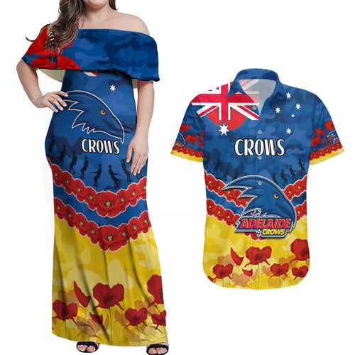 Custom Adelaide Crows Football Couples Matching Off Shoulder Maxi Dress and Hawaiian Shirt ANZAC Lest We Forget