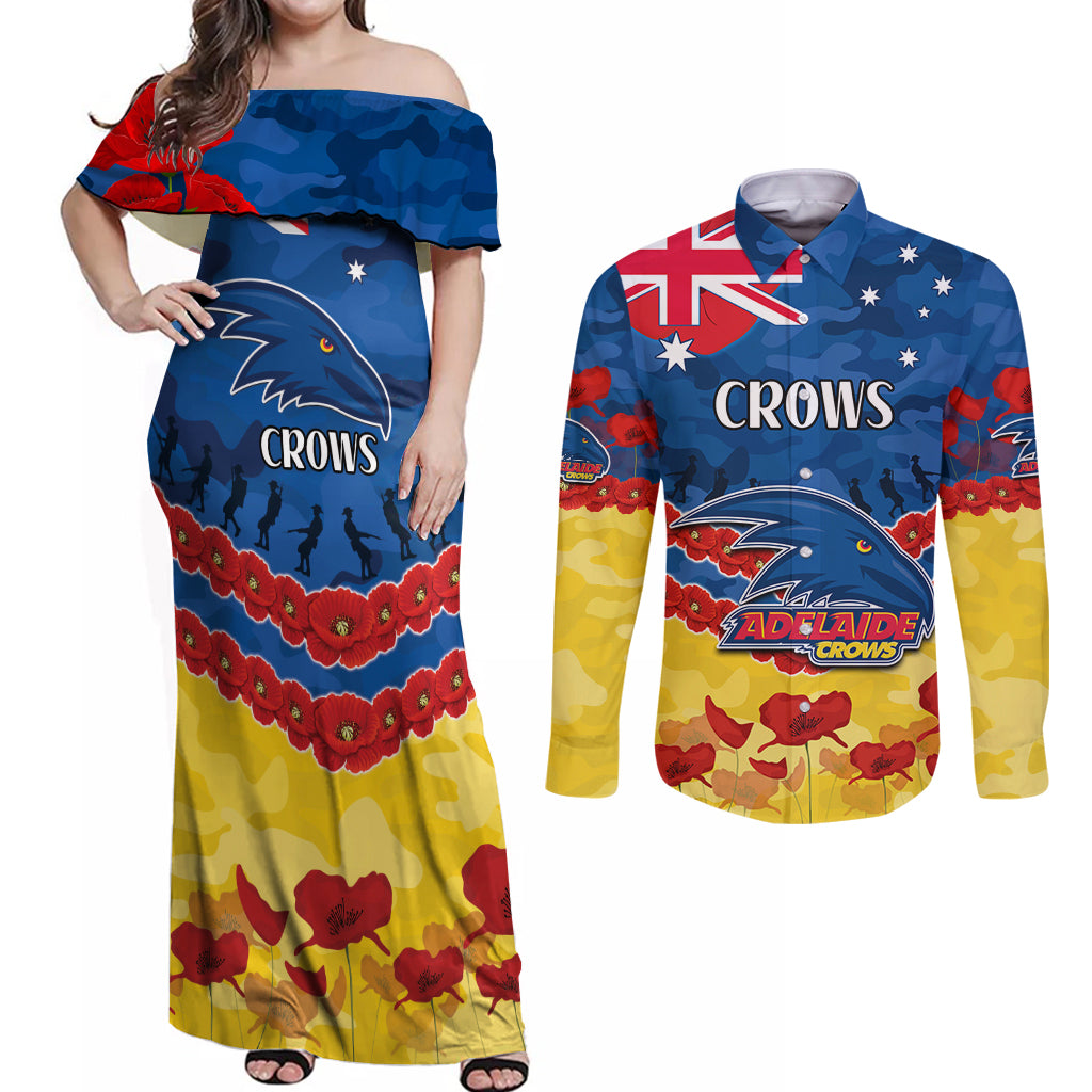 Custom Adelaide Crows Football Couples Matching Off Shoulder Maxi Dress and Long Sleeve Button Shirt ANZAC Lest We Forget