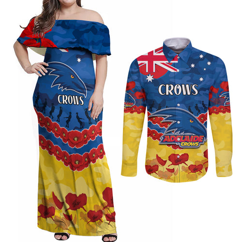 Custom Adelaide Crows Football Couples Matching Off Shoulder Maxi Dress and Long Sleeve Button Shirt ANZAC Lest We Forget