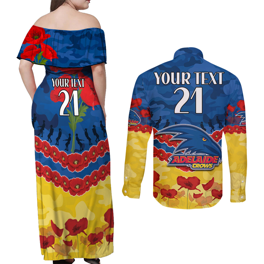 Custom Adelaide Crows Football Couples Matching Off Shoulder Maxi Dress and Long Sleeve Button Shirt ANZAC Lest We Forget