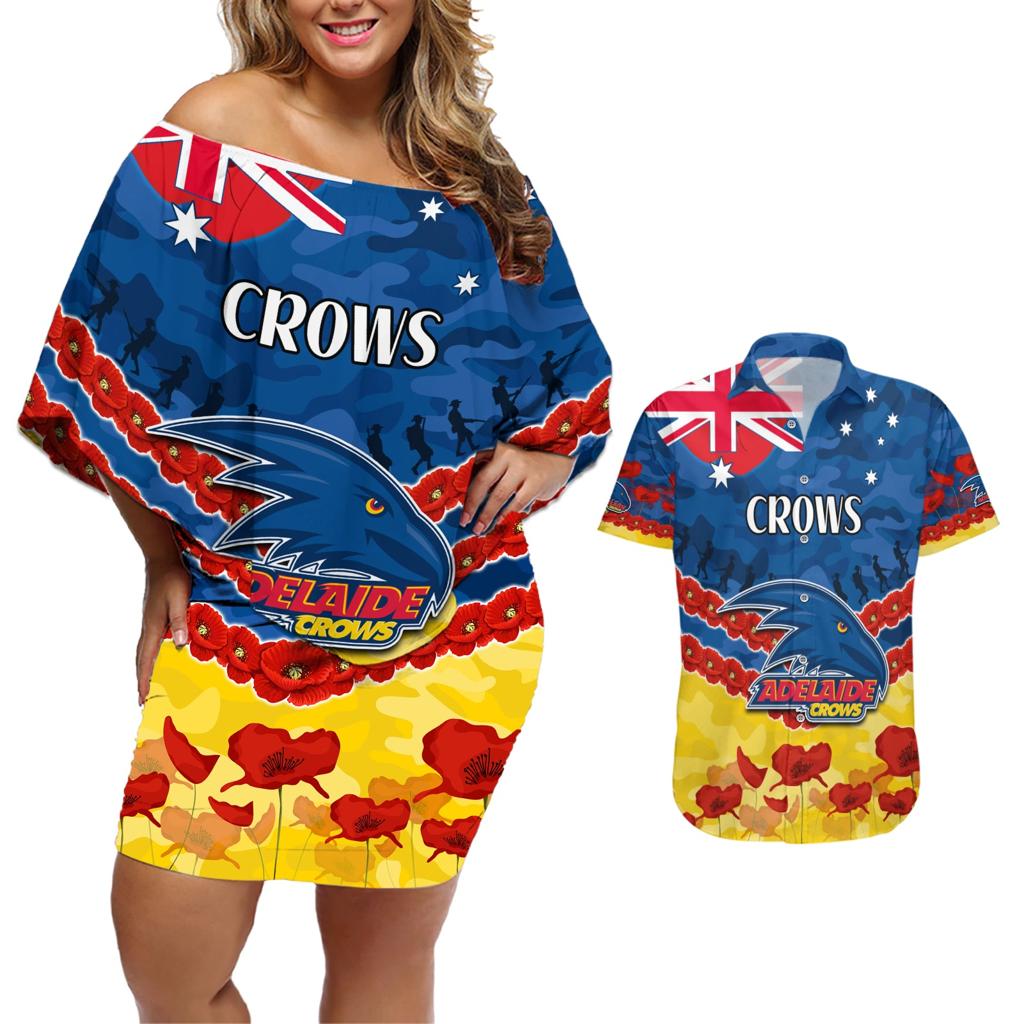 Custom Adelaide Crows Football Couples Matching Off Shoulder Short Dress and Hawaiian Shirt ANZAC Lest We Forget