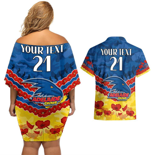 Custom Adelaide Crows Football Couples Matching Off Shoulder Short Dress and Hawaiian Shirt ANZAC Lest We Forget