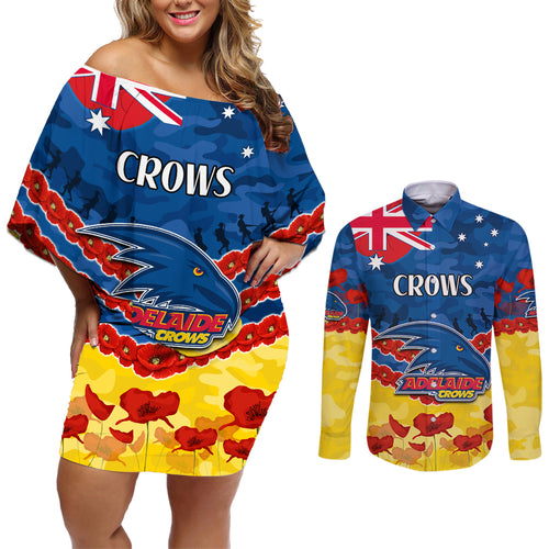 Custom Adelaide Crows Football Couples Matching Off Shoulder Short Dress and Long Sleeve Button Shirt ANZAC Lest We Forget