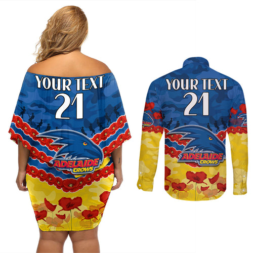 Custom Adelaide Crows Football Couples Matching Off Shoulder Short Dress and Long Sleeve Button Shirt ANZAC Lest We Forget