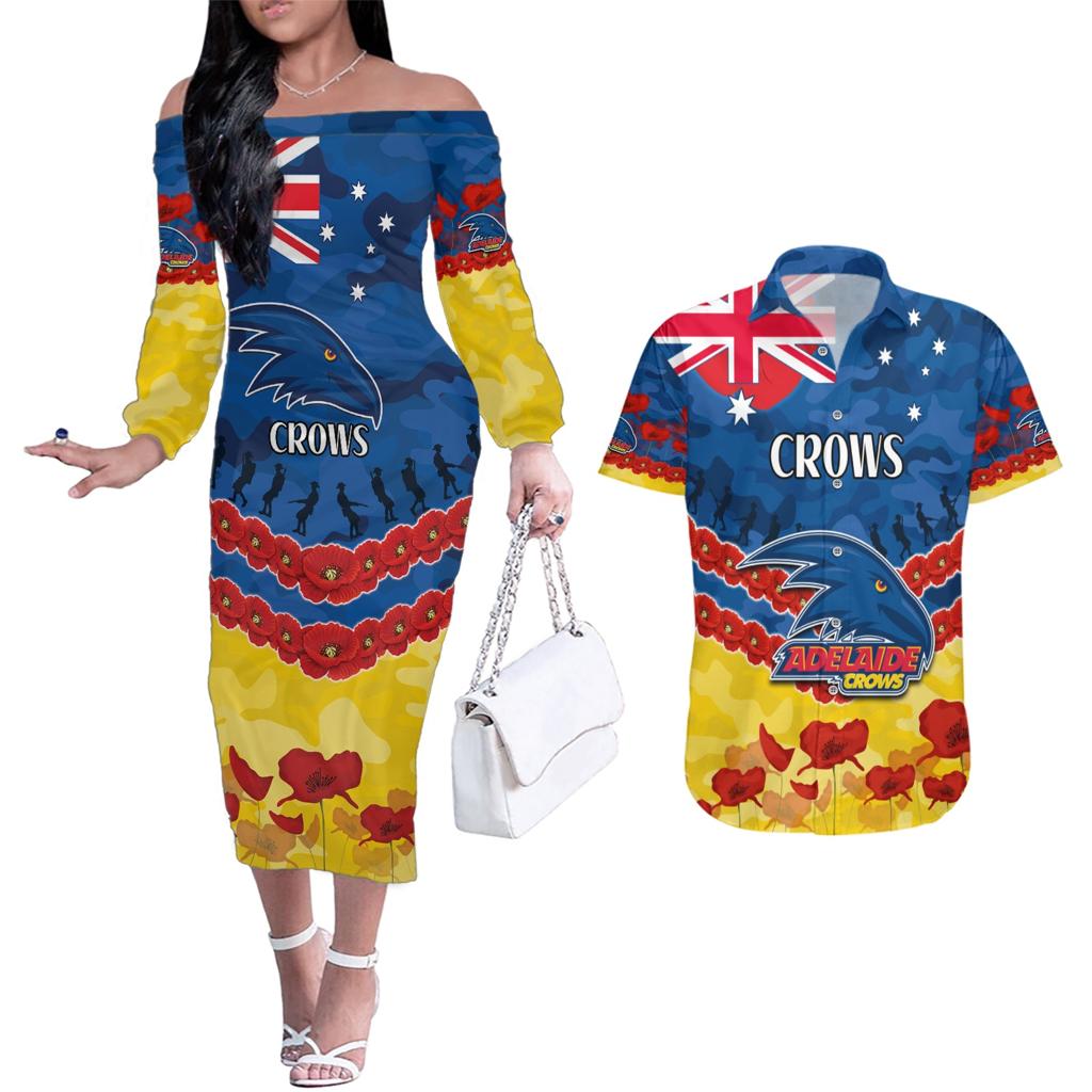 Custom Adelaide Crows Football Couples Matching Off The Shoulder Long Sleeve Dress and Hawaiian Shirt ANZAC Lest We Forget
