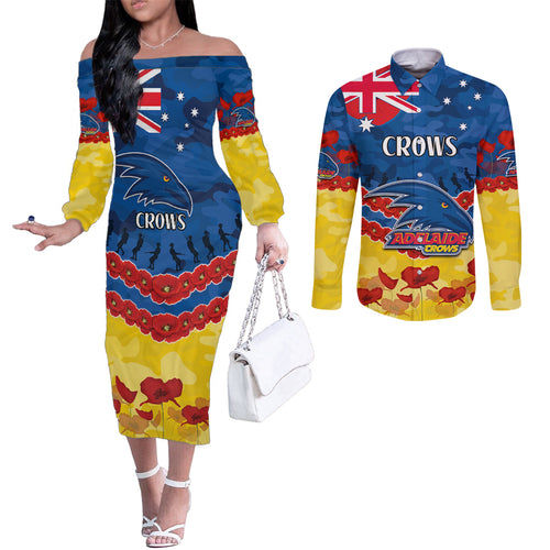 Custom Adelaide Crows Football Couples Matching Off The Shoulder Long Sleeve Dress and Long Sleeve Button Shirt ANZAC Lest We Forget
