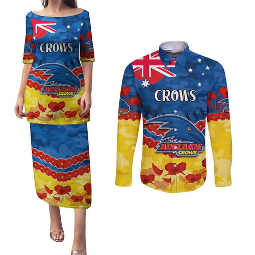Custom Adelaide Crows Football Couples Matching Puletasi and Long Sleeve Button Shirt ANZAC Lest We Forget