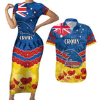 Custom Adelaide Crows Football Couples Matching Short Sleeve Bodycon Dress and Hawaiian Shirt ANZAC Lest We Forget