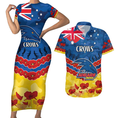 Custom Adelaide Crows Football Couples Matching Short Sleeve Bodycon Dress and Hawaiian Shirt ANZAC Lest We Forget