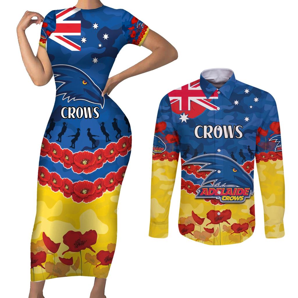 Custom Adelaide Crows Football Couples Matching Short Sleeve Bodycon Dress and Long Sleeve Button Shirt ANZAC Lest We Forget