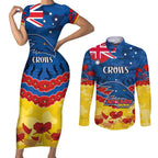 Custom Adelaide Crows Football Couples Matching Short Sleeve Bodycon Dress and Long Sleeve Button Shirt ANZAC Lest We Forget