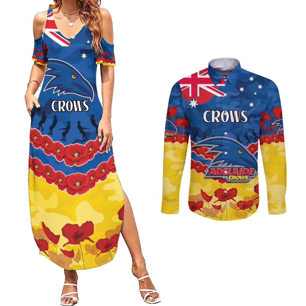 Custom Adelaide Crows Football Couples Matching Summer Maxi Dress and Long Sleeve Button Shirt ANZAC Lest We Forget