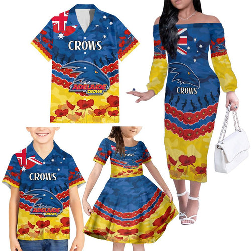 Custom Adelaide Crows Football Family Matching Off The Shoulder Long Sleeve Dress and Hawaiian Shirt ANZAC Lest We Forget