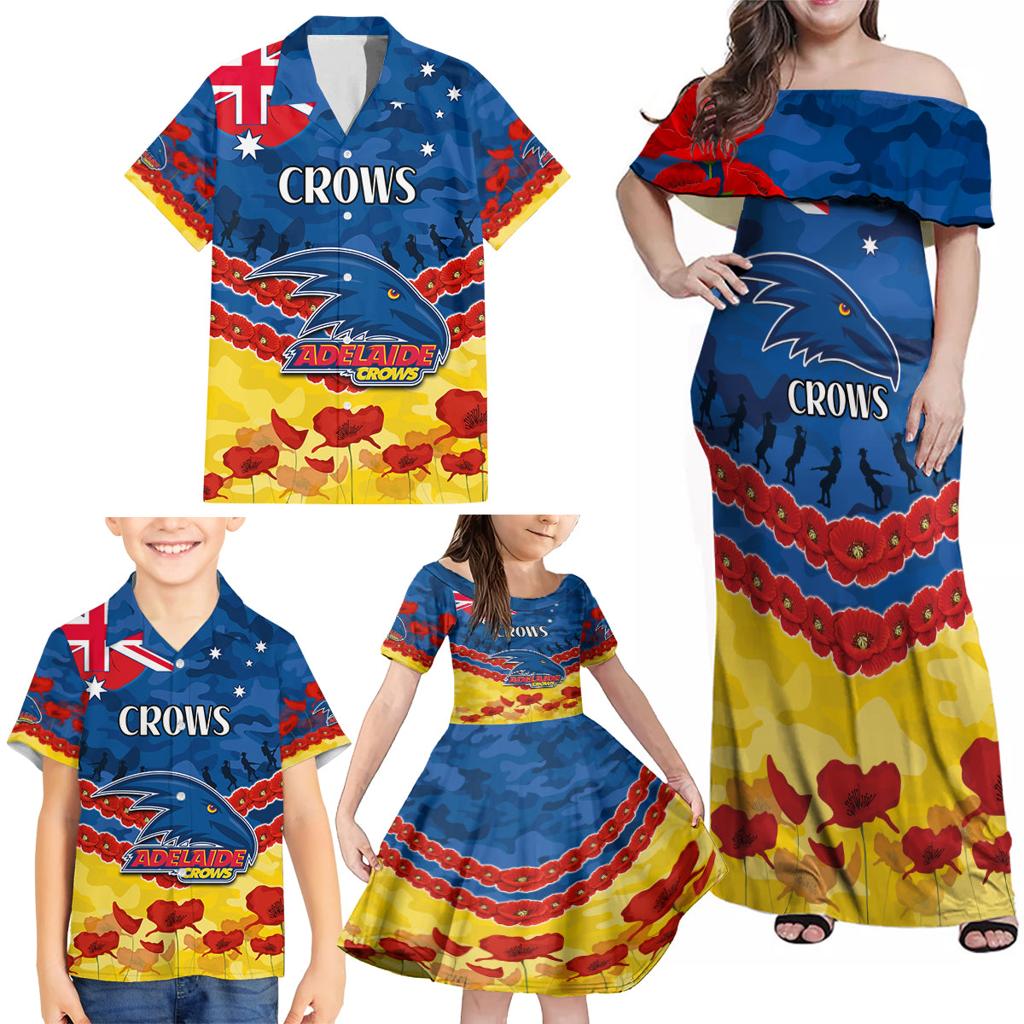 Custom Adelaide Crows Football Family Matching Off Shoulder Maxi Dress and Hawaiian Shirt ANZAC Lest We Forget
