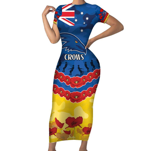 Custom Adelaide Crows Football Family Matching Short Sleeve Bodycon Dress and Hawaiian Shirt ANZAC Lest We Forget