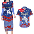 Custom Kangaroos Football Couples Matching Long Sleeve Bodycon Dress and Hawaiian Shirt ANZAC Lest We Forget