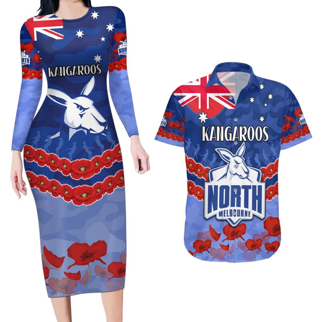Custom Kangaroos Football Couples Matching Long Sleeve Bodycon Dress and Hawaiian Shirt ANZAC Lest We Forget