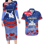 Custom Kangaroos Football Couples Matching Long Sleeve Bodycon Dress and Hawaiian Shirt ANZAC Lest We Forget