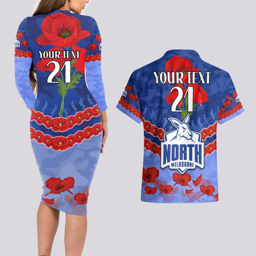 Custom Kangaroos Football Couples Matching Long Sleeve Bodycon Dress and Hawaiian Shirt ANZAC Lest We Forget