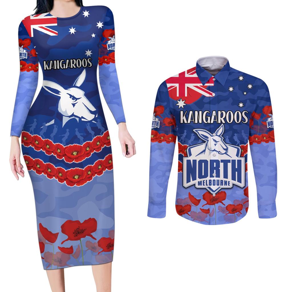 Custom Kangaroos Football Couples Matching Long Sleeve Bodycon Dress and Long Sleeve Button Shirt ANZAC Lest We Forget
