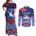 Custom Kangaroos Football Couples Matching Off Shoulder Maxi Dress and Long Sleeve Button Shirt ANZAC Lest We Forget