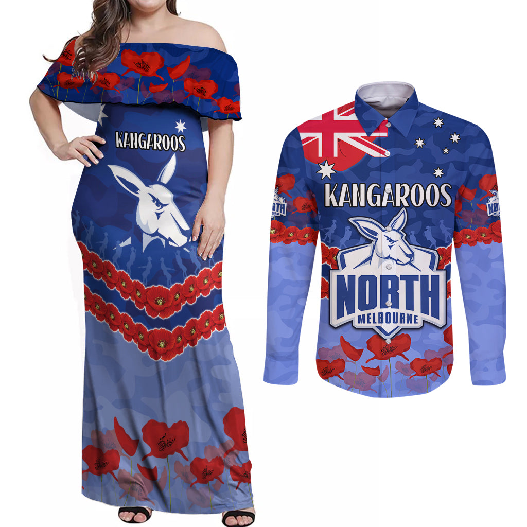 Custom Kangaroos Football Couples Matching Off Shoulder Maxi Dress and Long Sleeve Button Shirt ANZAC Lest We Forget